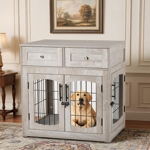 Gray wooden dog crate - dog,